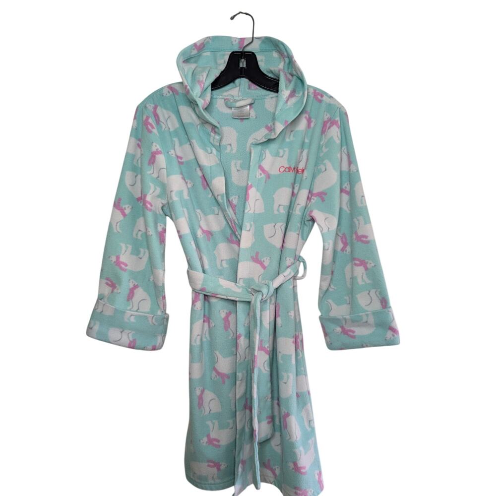 Calvin Klein Girls Sleepwear, Polar Bear Hooded Fleece Robe with Tie, Sz 10/12